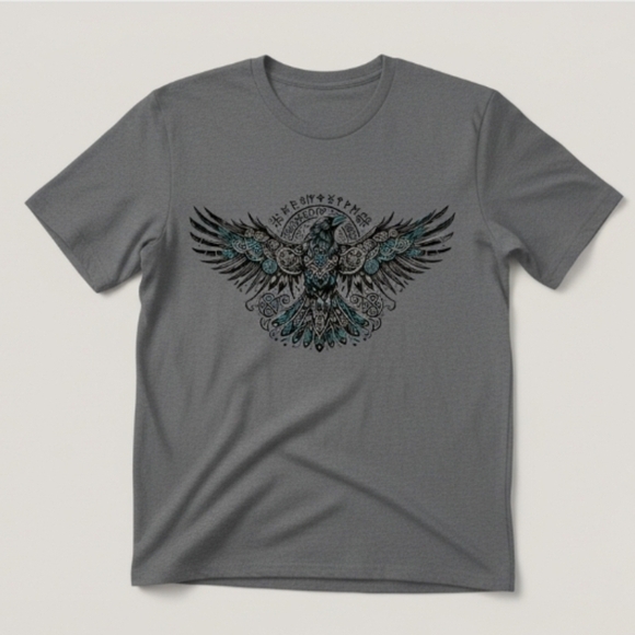 Norse Raven Graphic Tee – Viking Mythology Shirt – Nordic Runes Bird Design - Picture 3 of 14
